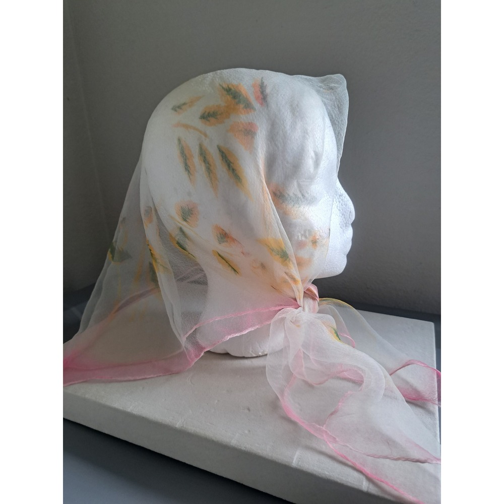 Vintage Sheer White Square Scarf Pink Rolled Hem Botanical Leaf Print 21x21